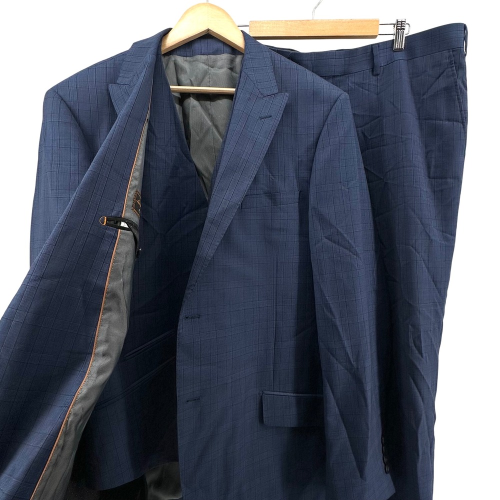 Tiglio Luxe Mens Blue Plaid 3 Piece Suit Lanificio Di Biella Italian Wool 46L 40